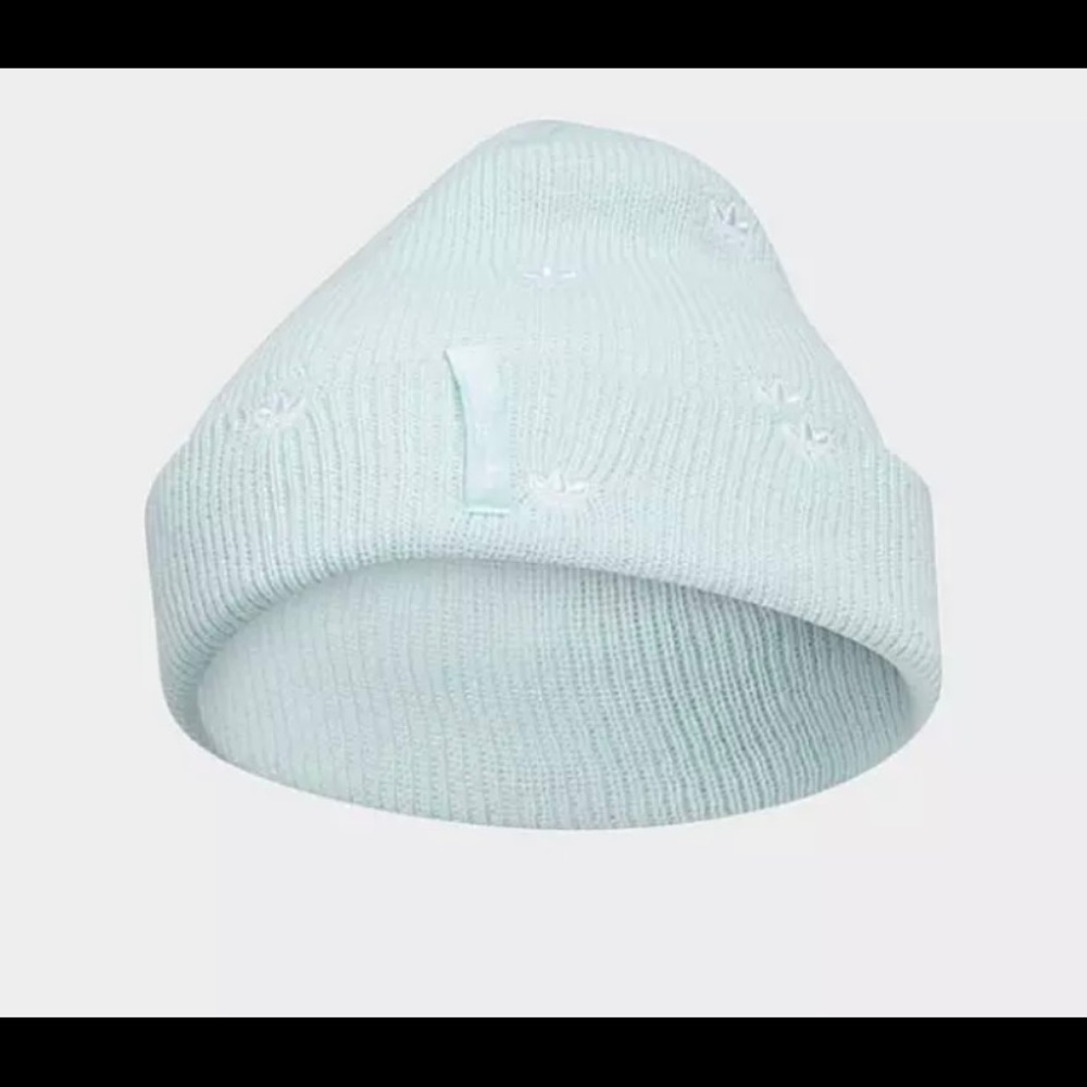 adidas Originals Beanie Womens One Size Trefoil Embroidered Allover Teal Blue